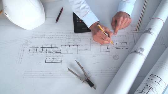 建筑工程房屋设计图纸挖掘机塔吊车电焊视频素材模板下载