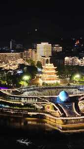 竖屏航拍四川宜宾合江楼长江之珠夜景灯光