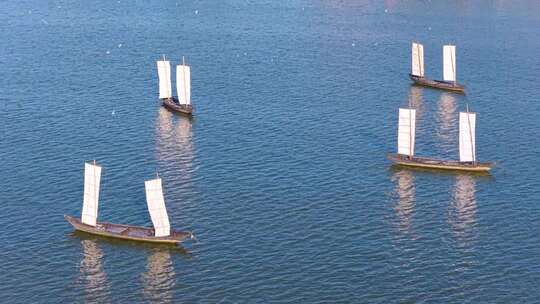 航拍滇池游船与海鸥