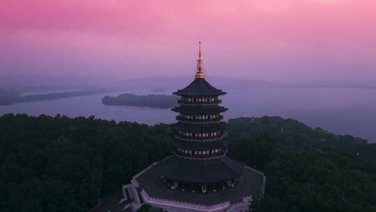 清晨日出航拍杭州西湖雷峰塔