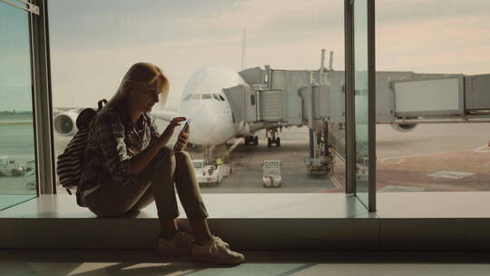 女乘客坐在机场航站楼的窗台上视频素材模板下载