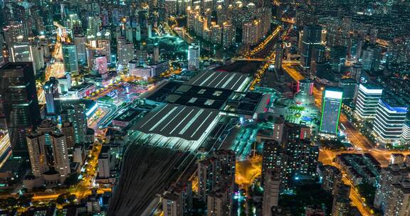 上海火车站夜景延时航拍