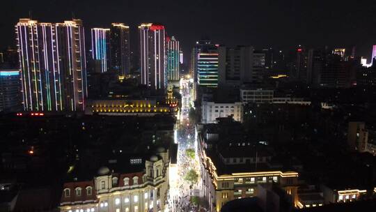 武汉江汉路步行街夜景灯光航拍