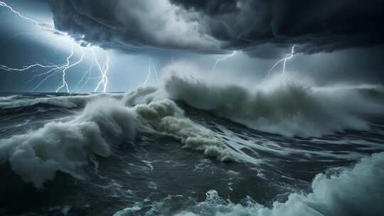 海上雷电交加的风暴景象