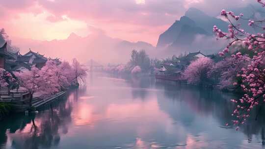 中国风 河边桃花