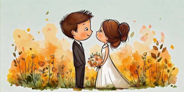 卡通风格新婚夫妇互动素材