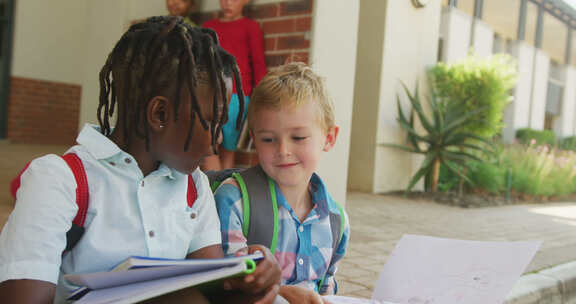 快乐的多样化男孩拿着书在学校前说话的视频