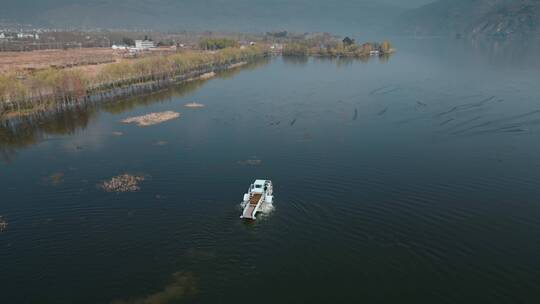 云南高原湖泊风光湖面清理船打捞水草作业视频素材模板下载