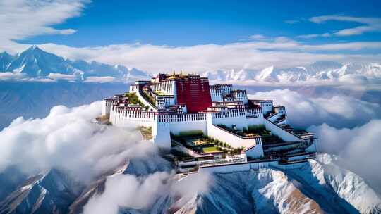 布达拉宫云端雪山航拍全景