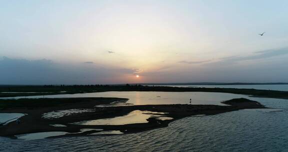 夕阳下的湖边小岛水鸟航拍