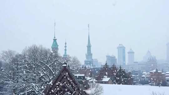 雪中城市建筑的冬日雪景