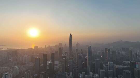 深圳福田区市中心航拍平安大厦夕阳黄昏日落