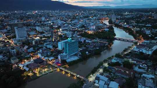 航拍泰国清迈湄平河新城城市建筑风光