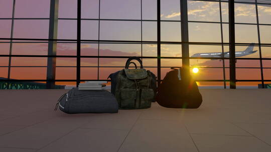 黄昏放在机场航站楼的行李
