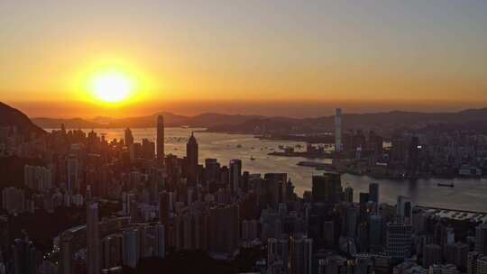 香港维多利亚港日落航拍大景