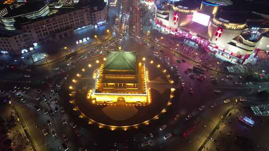 西安钟楼地标夜景航拍