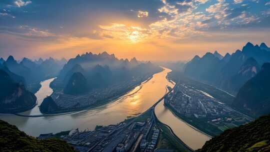 日出下的壮丽山河风景