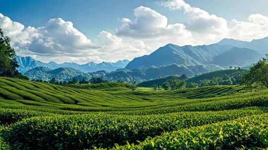 中国风茶园茶山蓝天白云自然风景