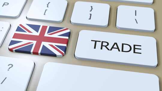 按钮3D动画上的英国国旗和贸易文本