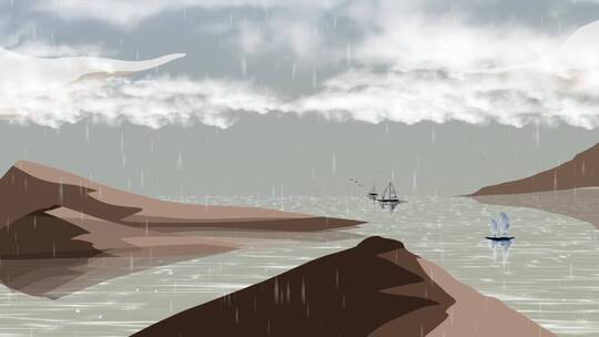 雨天海岸线渔船背景视频