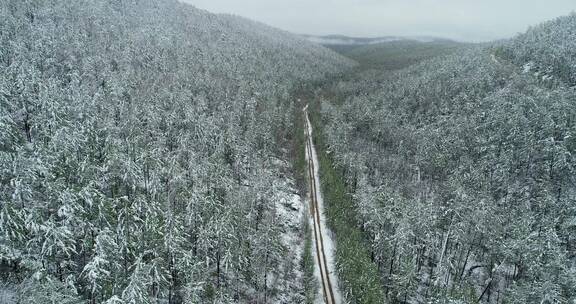 航拍大兴安岭降雪中的森林公路