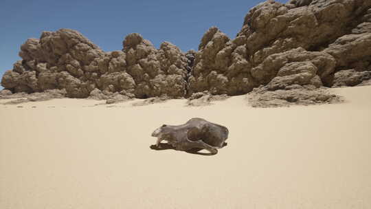 一个大动物头骨躺在沙滩上