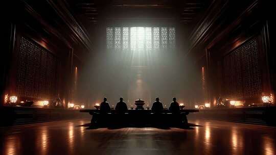东方议事厅中光影交错的神秘氛围