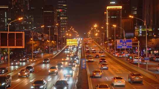 北京东三环国贸桥晚高峰车流城市夜景