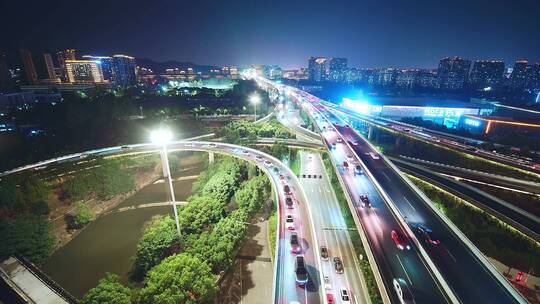 航拍夜晚杭州滨江时代大道高架中兴立交夜景