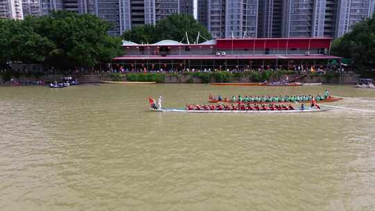 航拍端午节龙舟竞渡福建福州光明港龙舟赛