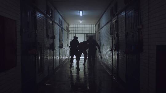 狱警在走廊里押解犯人视频素材模板下载