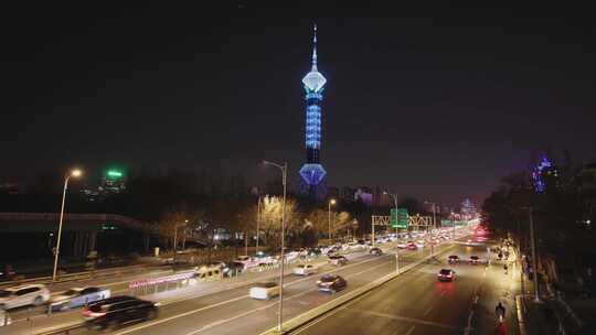 石家庄市槐安路电视塔夜景车流穿梭