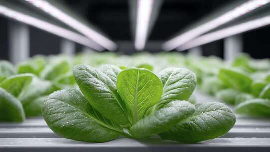 室内水培生菜在LED灯光下茁壮成长