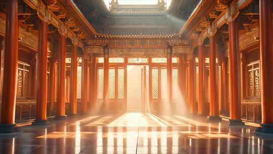 传统中国风宫殿 古代建筑阳光射进室内背景