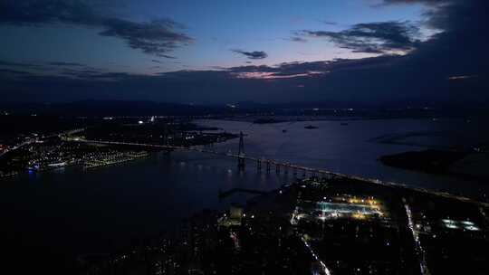 航拍汕头老城区榕江礐石大桥日落夜景