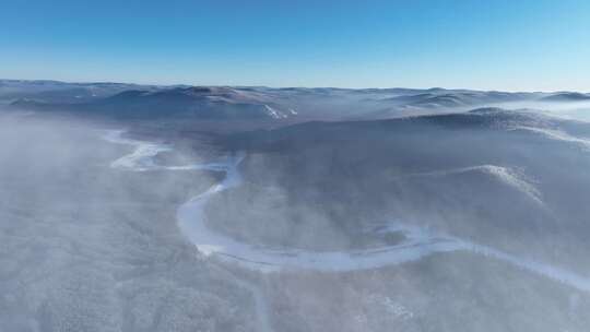 航拍寒冬林海雪原冻雾冰河