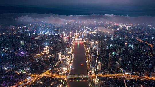 广州越秀海珠天际线夜景云海延时