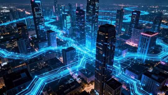 科技感城市夜景网络线路画面