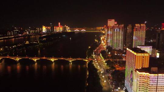 航拍湖南长沙夜景湘江夜景橘子洲大桥夜景