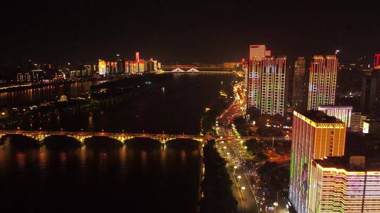 航拍湖南长沙夜景湘江夜景橘子洲大桥夜景视频素材模板下载