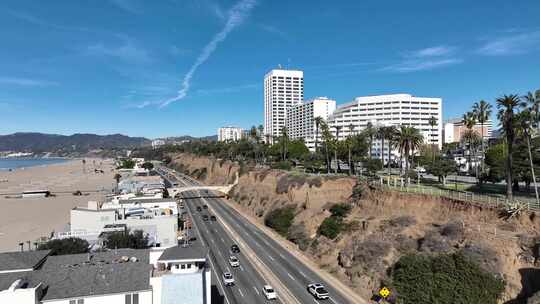 加州圣莫尼卡太平洋海岸公路的无人机视频