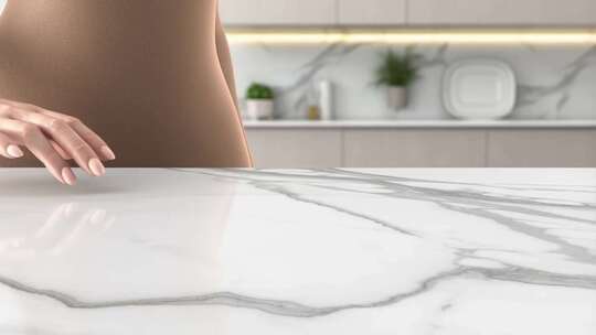 女性手触摸厨房大理石台面