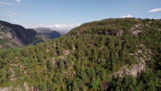空中拍摄，平移穿过挪威一个树木覆盖的山顶
