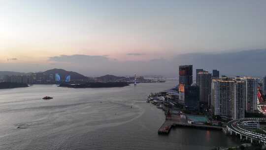 福建厦门城市晚霞夜幕降临夜景航拍