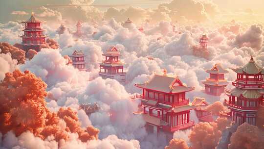 国风场景，云端之上的仙宫古代建筑群