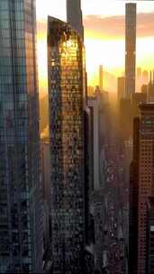 纽约市中心摩天大楼日出日落阳光汽车街道