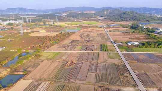 航拍冬季白昼秋收过后的农田场景