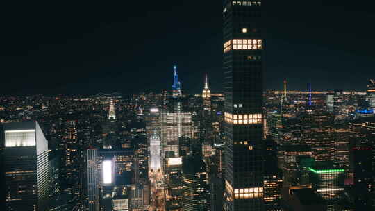 夜间电影城市灯光纽约市照明空中鸟眼透视美