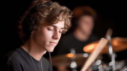 专注音乐的年轻鼓手演奏出动人节奏