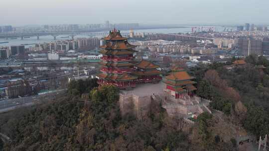 深秋傍晚的南京阅江楼风光航拍素材